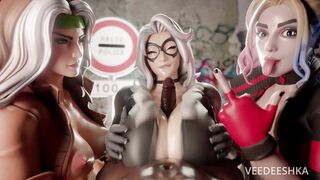 Black Cat, Rogue & Harley - Ahegao POV Paizuri