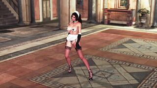 Sultry tonned Lara Croft in maid uniform welcomes guests at