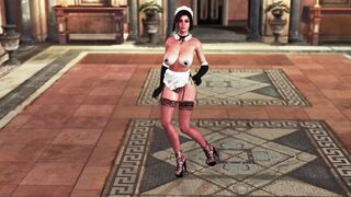 Sultry tonned Lara Croft in maid uniform welcomes guests at