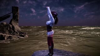 Pirate queen Lara Croft seductively dances on the coast before