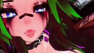 A Yandere girl with green hair milks her cowgirl in a passionate scene
